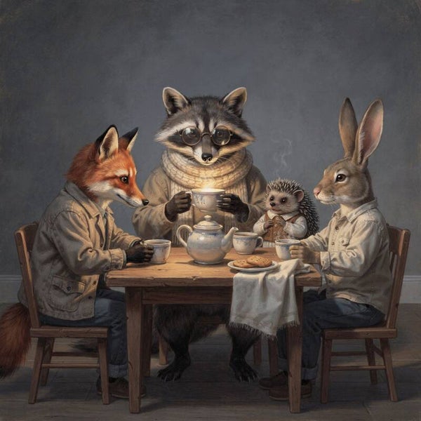 Het Avondthee Moment – schilderij met vos, wasbeer, egel en haas in landelijke stijl