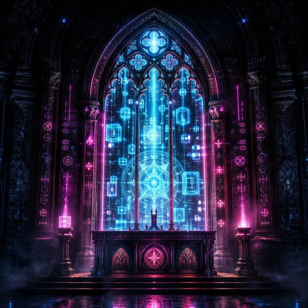 Het Digitale Heiligdom – gotische kathedraal met neonlicht schilderij