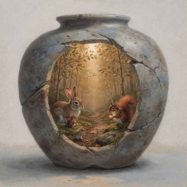 Het Pad Binnenin – schilderij met haas, eekhoorn en muizen in landelijke stijl
