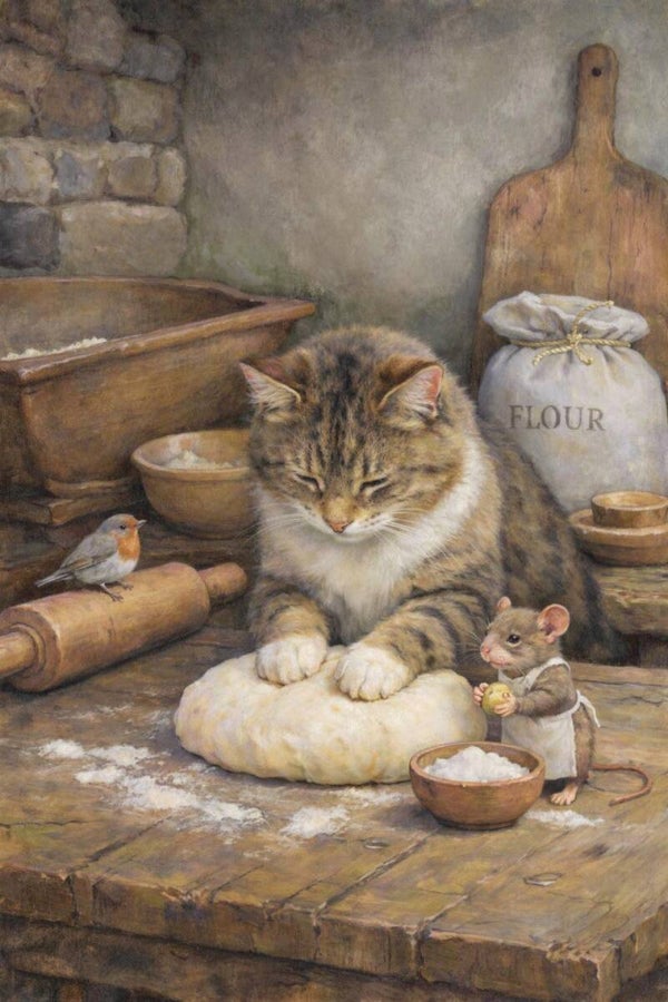 Het Recept – landelijk schilderij met kat, roodborstje en muis