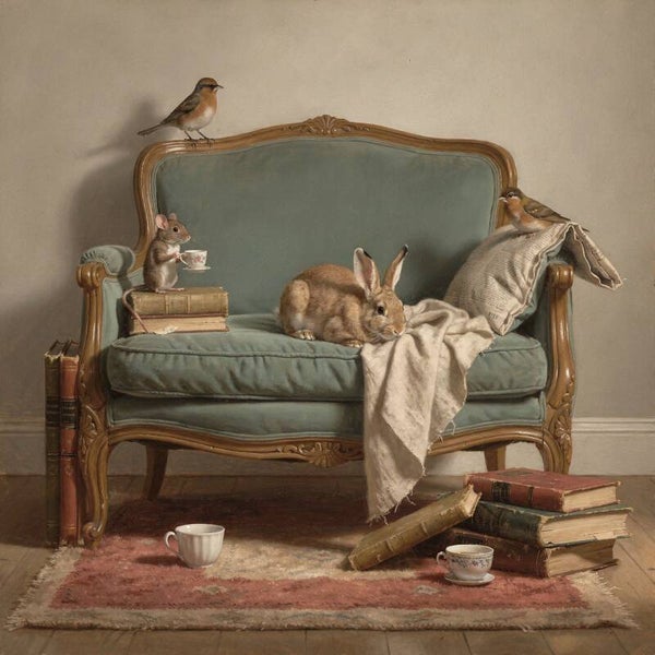 Het Stille Samenzijn – schilderij met haas, muis en vogels in landelijke stijl