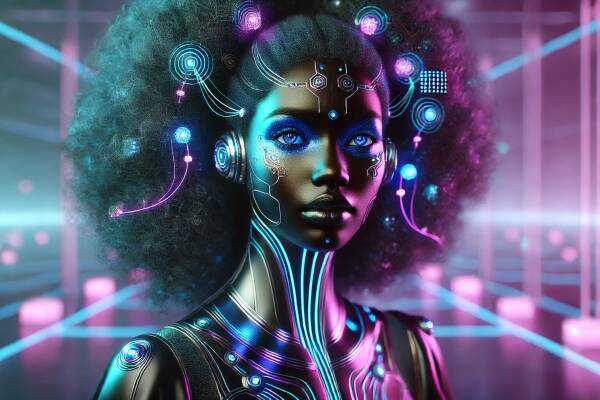 Neon Cyber Goddess – Futuristische Wanddecoratie