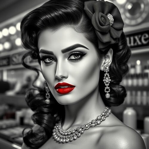 Hollywood diva schilderij met rode lippen en jaren 50 stijl