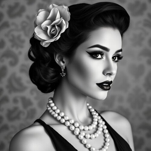 Zwart-wit schilderij van vintage vrouw met glamourlook