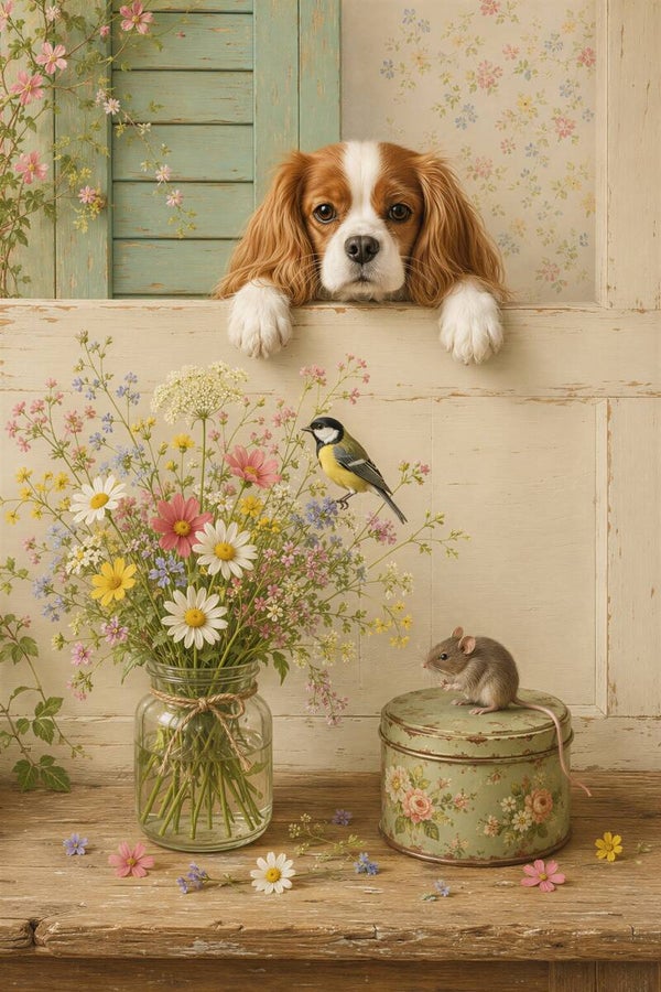 Nieuwsgierige Blik – hond, vogel en muis schilderij landelijk