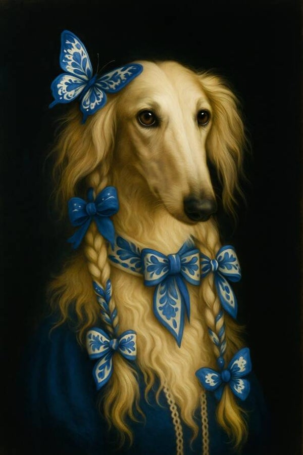 Adellijke Hond in Delfts blauw – schilderij oude stijl