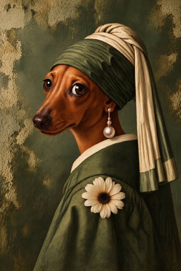 Olijfgroene Parelhond – hond schilderij meisje met de parel, nieuwe meesters dierenportret, groene wanddecoratie