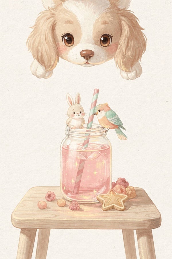 Suikerglimlach – hondje met roze limonade, konijntje en vogeltje schilderij kinderkamer