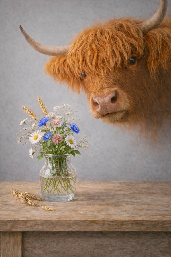 De bloemenkijker – schilderij hooglander met veldbloemen op tafel