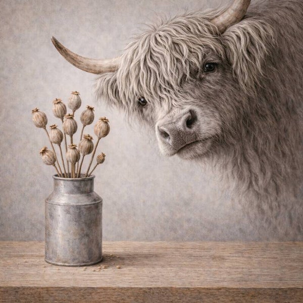 De stille vaas – schilderij hooglander met veldbloemen op tafel