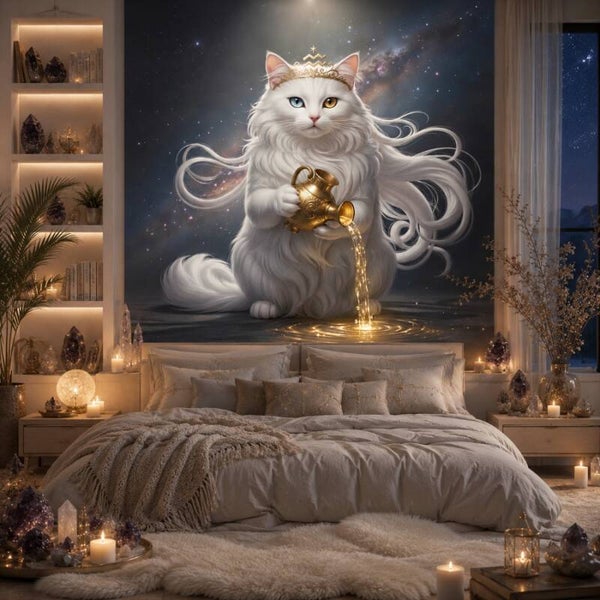 Astrologisch symbool van Waterman – Witte kat met gouden waterstroom in kosmos