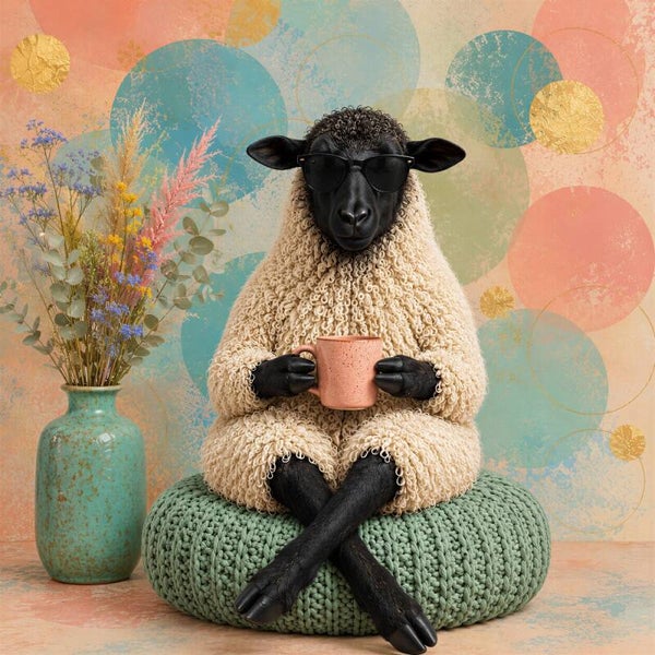 Chillende Schaap – schaap met bril koffie kleurrijk schilderij modern landelijk humor