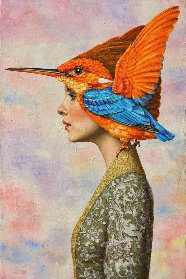 Vogelvrouw in Kleur – surrealistisch vrouw schilderij met ijsvogel