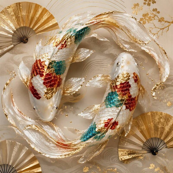 Imperial Koi – koi vissen schilderij met gouden waaiers