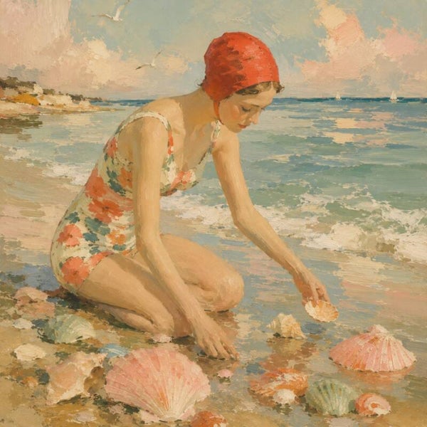 Schelpen aan Zee – schilderij vrouw op het strand