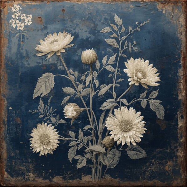 Indigobloei – Delfts blauw bloemen schilderij met vintage structuur