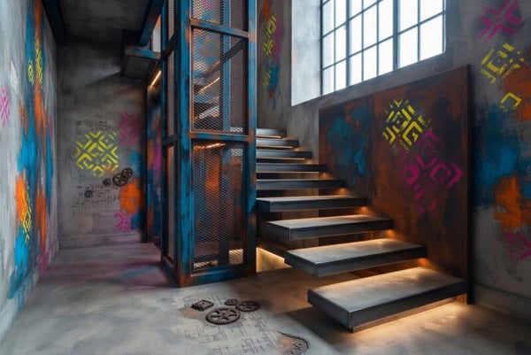 Stalen Route – Industriële trap met kleurrijke street art