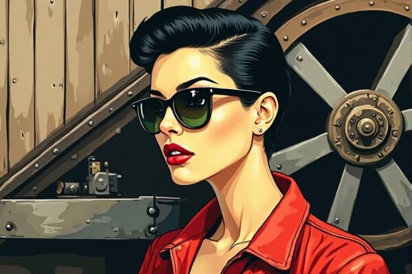 Industrial Retro Muse – vrouw schilderij met mechanische details