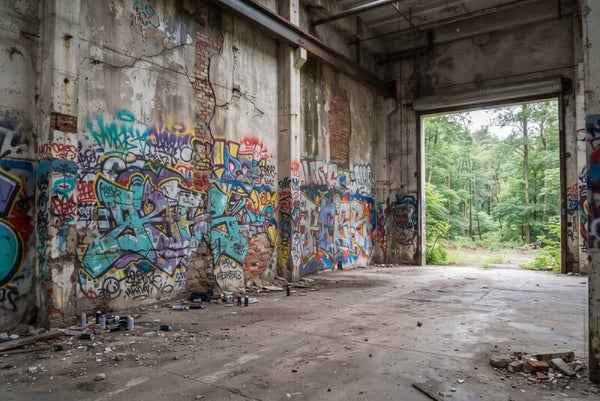 Buiten Wacht het Groen – Industrieel schilderij met graffiti en boszicht