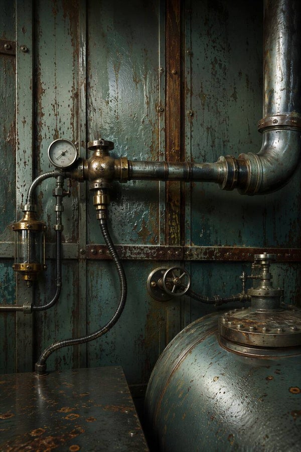 Het Stalen Hart – Industrieel schilderij met manometer en leidingen