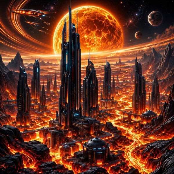 Inferno Dominion – futuristische lavastad op vreemde planeet schilderij