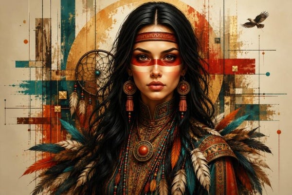 Vuurveren – inheems vrouw portret schilderij met veren