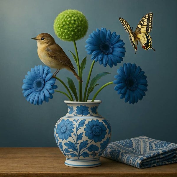 Delfts Blauw Vaas met Blauwe Bloemen, Vogel en Vlinder