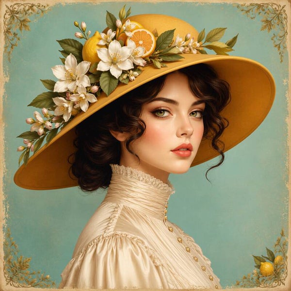 Mediterranean Lemon Muse – vintage schilderij mediterrane vrouw met strohoed en citroenen