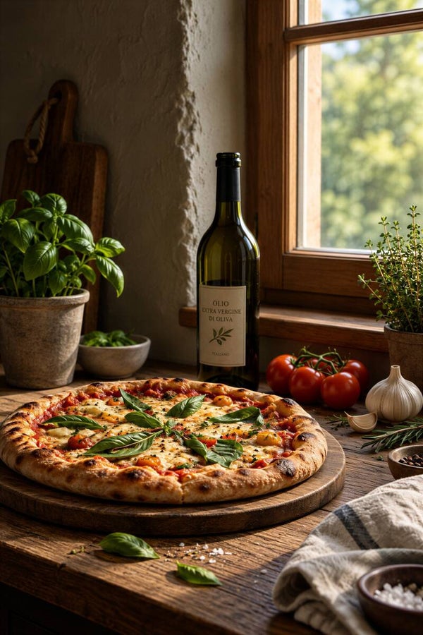 Italiaanse Keukentafel – pizza schilderij met basilicum en tomaten