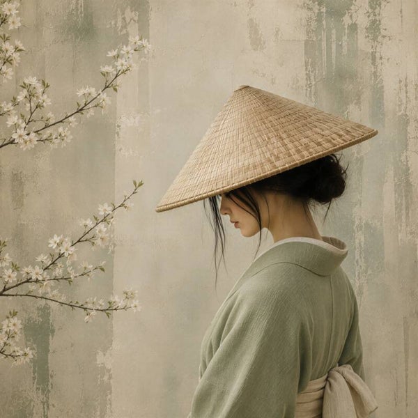 Tussen Bloesem en Stilte – Japandi schilderij met vrouw in kimono
