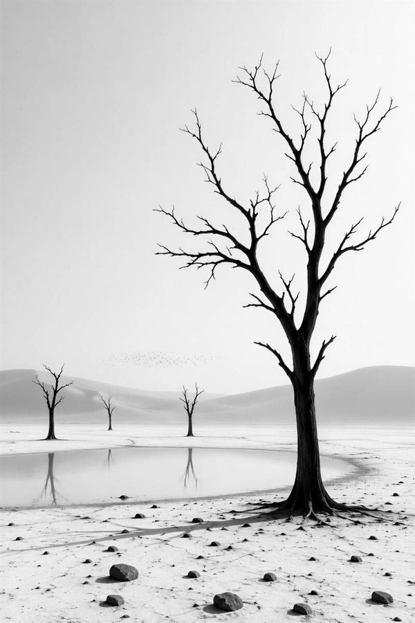 Stilte aan het Water – zwart wit landschap schilderij boom minimalistisch rust