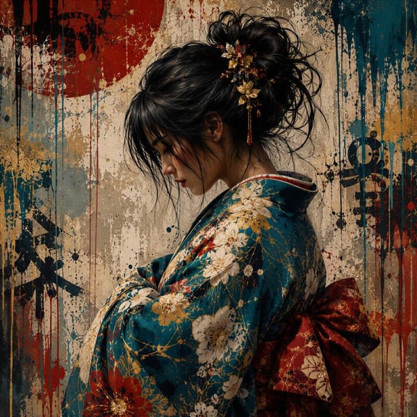 Onder de Rode Zon – Japans schilderij met vrouw in gebloemde kimono