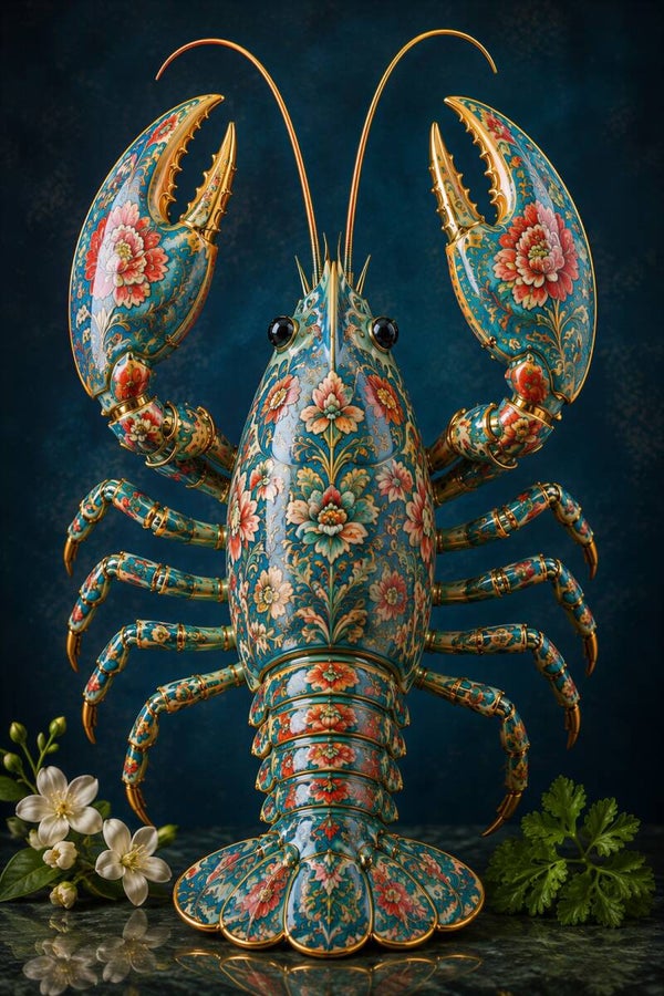 Jewel of the Sea – luxe kreeft schilderij met bloemen en goudaccenten