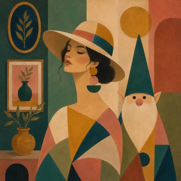 Kabouter van Kleur – retro vrouw schilderij met kabouter