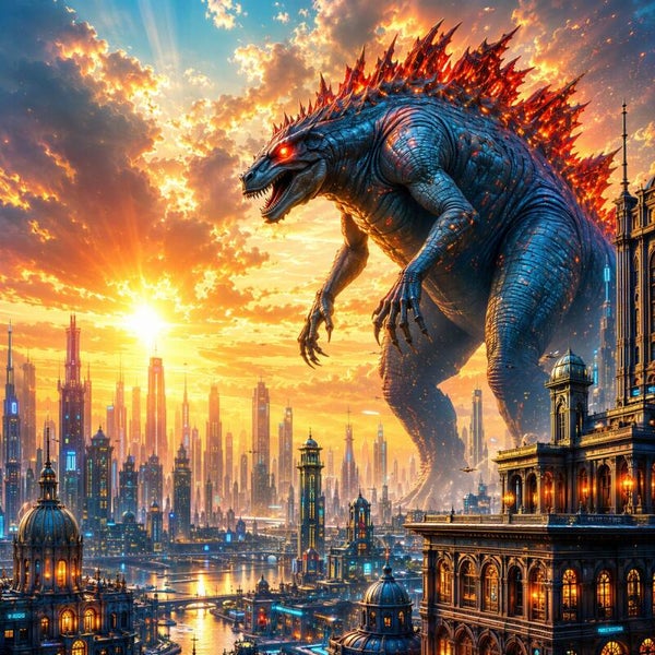 Titan of Ember City – Reusachtig Kaiju Monster Fantasy Schilderij in Blauw en Vuuroranje