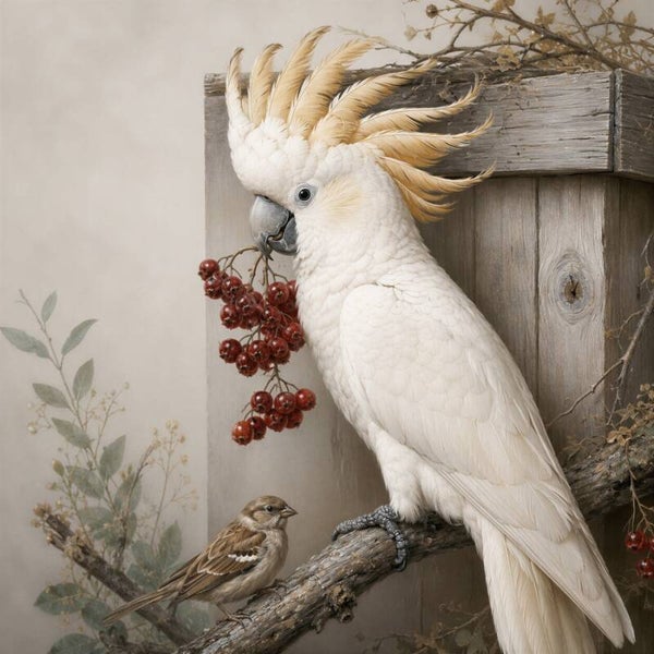 Beschermer van de Bessen – landelijk schilderij met kaketoe en mus