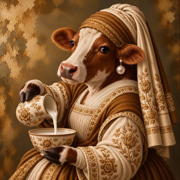 Karamel Melkparel – koe schilderij melkmeisje en meisje met de parel in beige en bruin