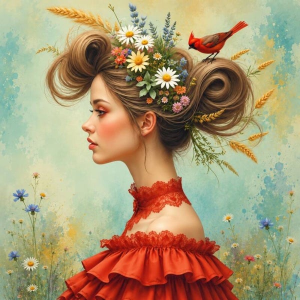 Kardinaalscharme – schilderij vrouw met rode vogel en veldbloemen