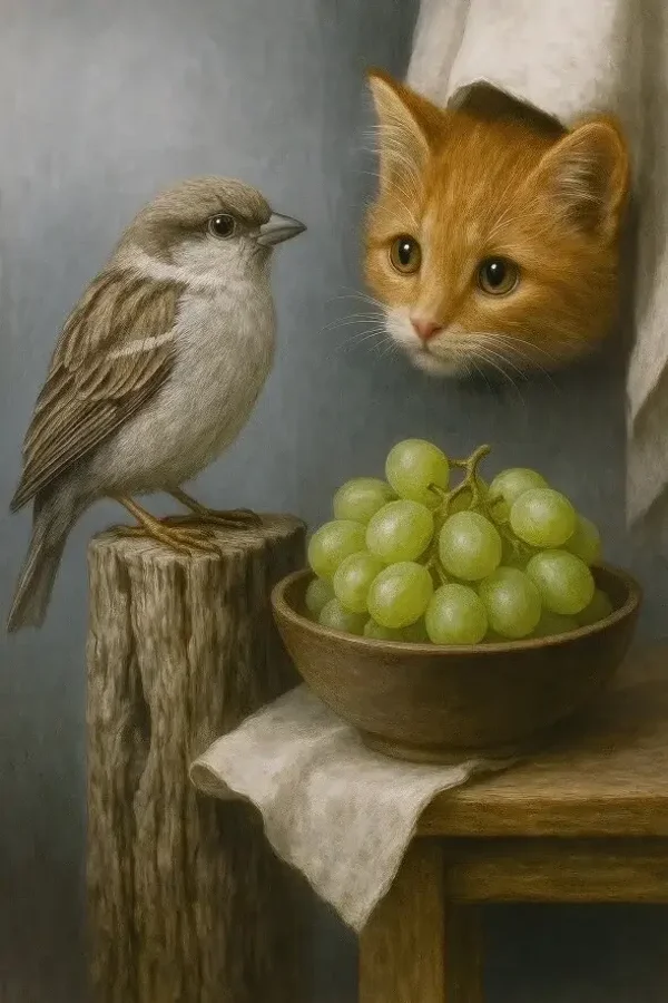 Stille Blik – kat, mus en druiven schilderij/🖤 Black Friday