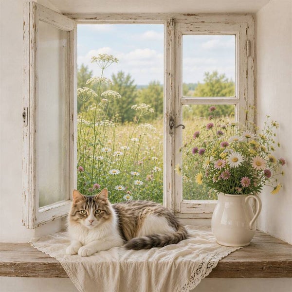 Zomer achter het Raam – landelijk schilderij slapende kat veldbloemen open raam