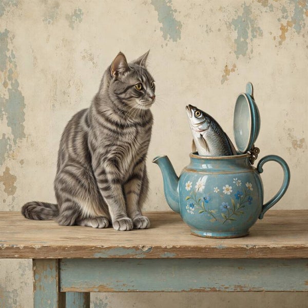 Even kijken – kat en vis in theepot nostalgisch schilderij