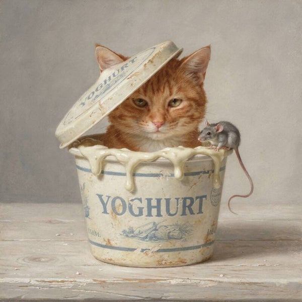De Stoute Snoeper – Schilderij Kat in Yoghurtpot – Oranje & Wit – Nostalgisch Stilleven
