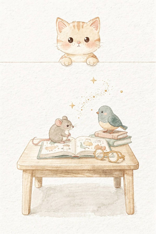 Nieuwsgierig katje – lezen met muis en vogeltje schilderij kinderkamer