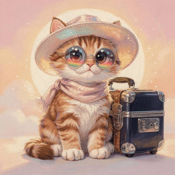Reisvriendje op Avontuur – katten schilderij kinderkamer wanddecoratie poes met koffer