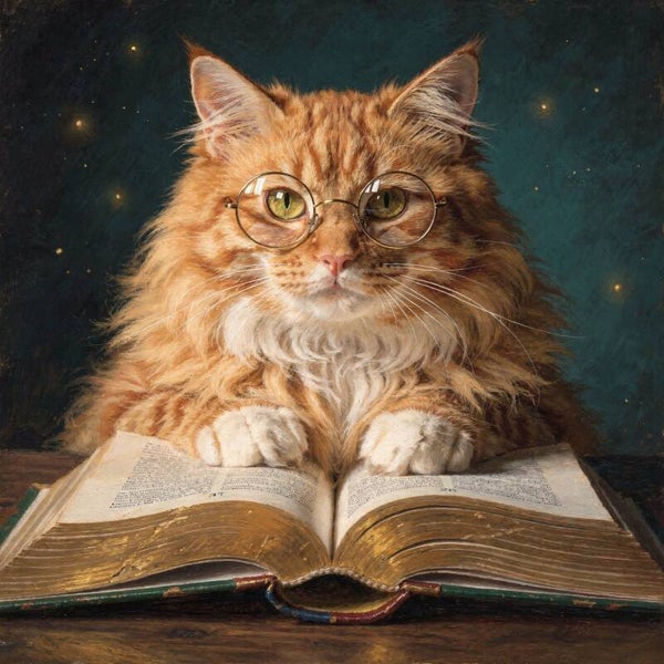 De geleerde kat – klassiek katten schilderij met bril en boek