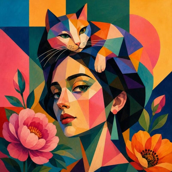 Kattenlicht – abstract vrouw schilderij met kat en bloemen