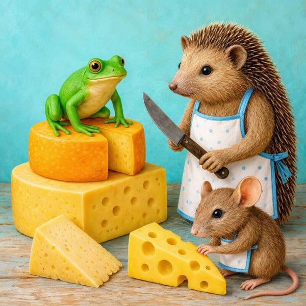 Kazige tafelverhalen – muis egel kikker schilderij kaas keuken