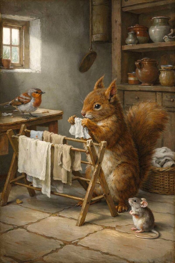 Wasdag op de Boerderij – landelijk schilderij met eekhoorn, roodborstje en muis