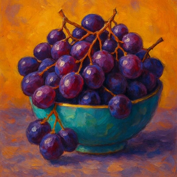 Keuken schilderij – blauwe druiven in turquoise schaal