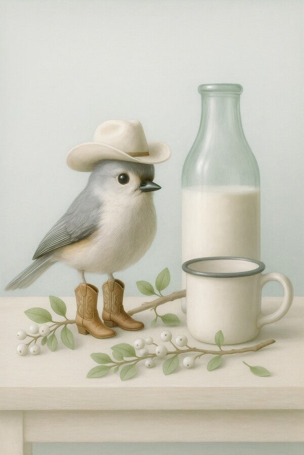 Cowboyzang – schilderij vogel met cowboyhoed in landelijke keukenstijl